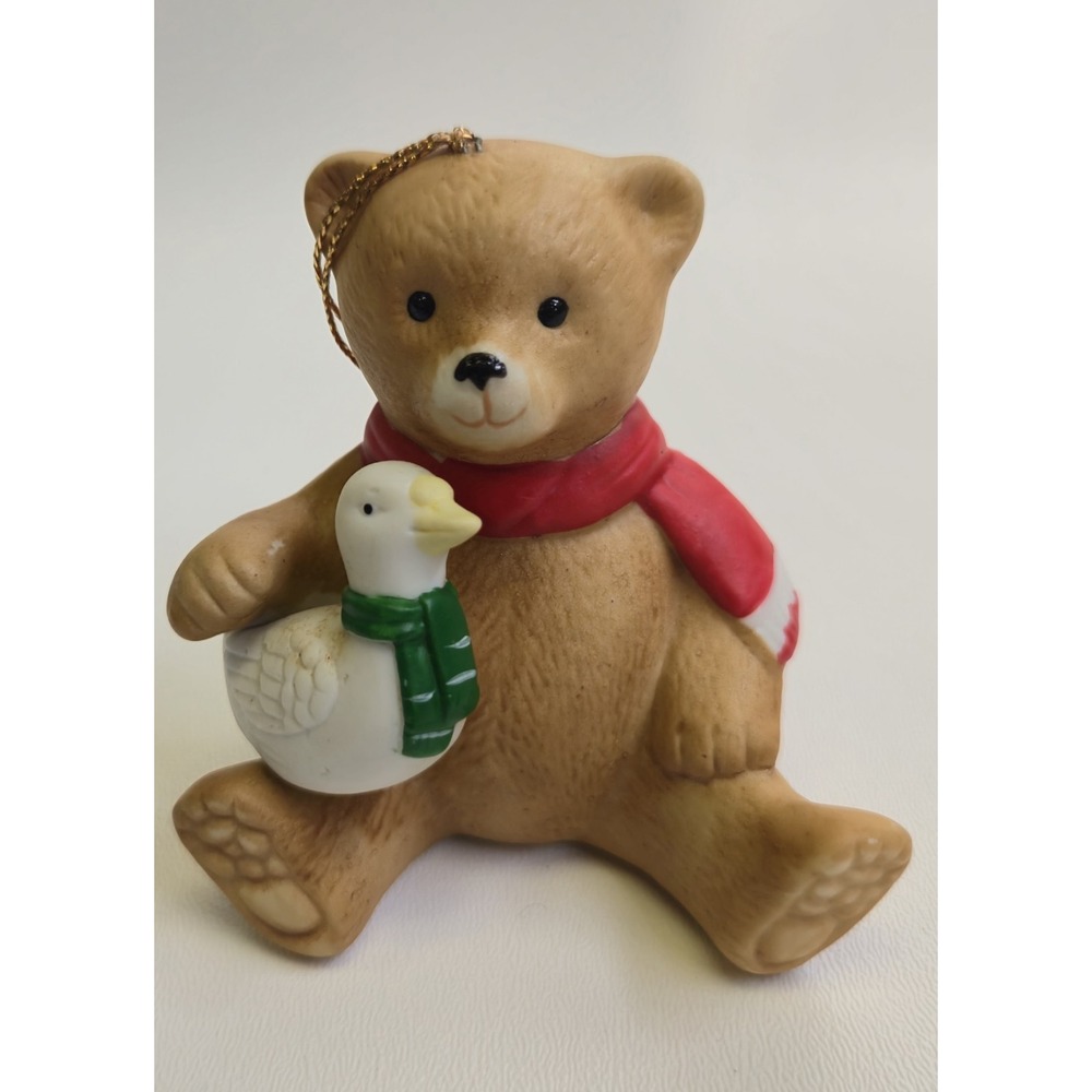 Vintage Ceramic Bear Holding Goose Christmas Ornament Figure Red Scarf 3 inch